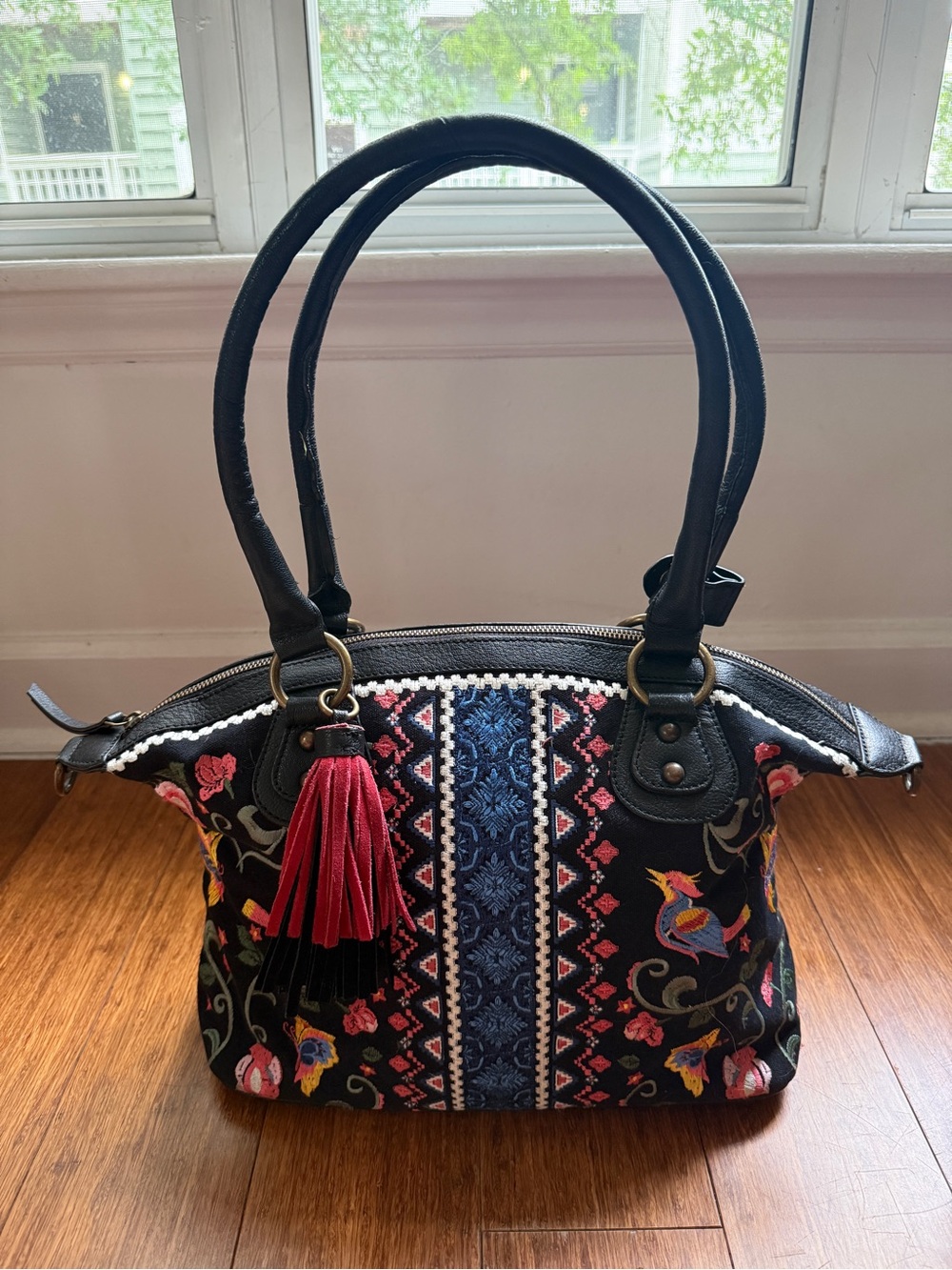 Sharif Boho Andalusian Garden Canvas Embroidered Satchel with Leather Accents - Picture 2 of 13